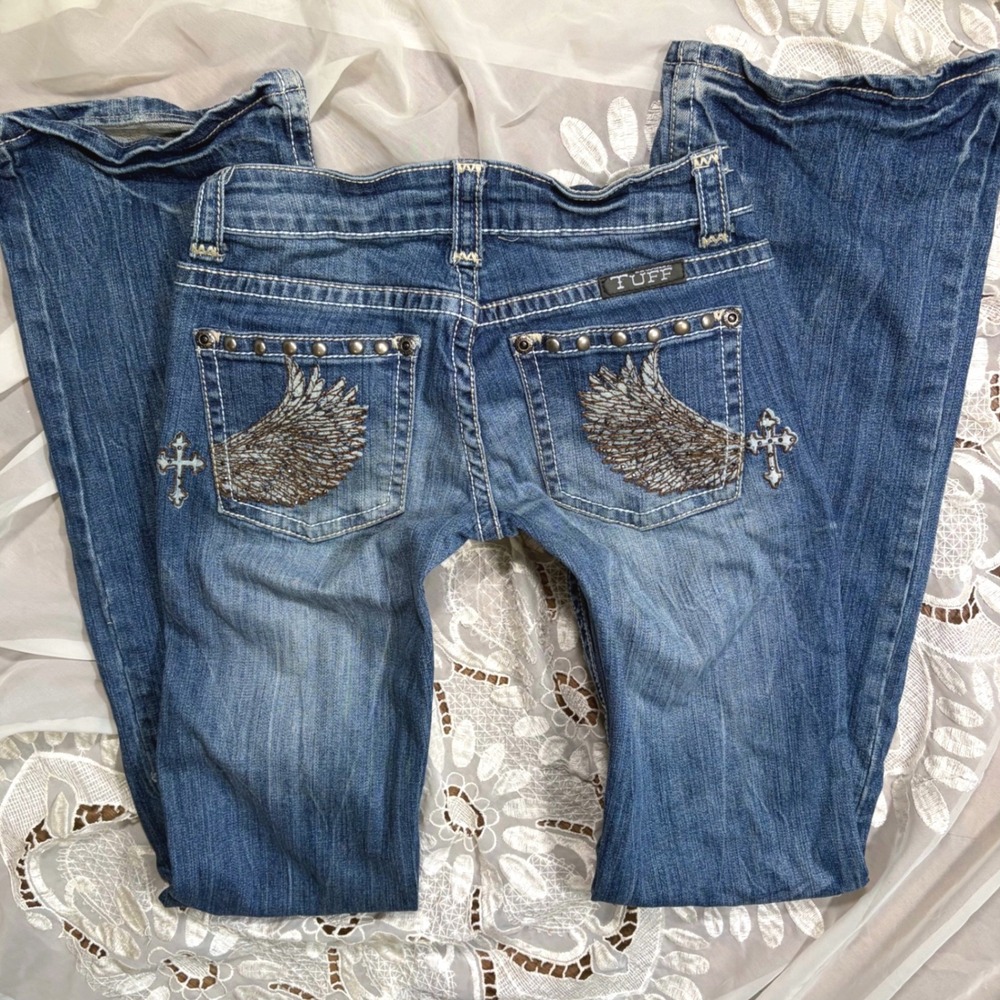 Y2K Low Rise Mcbling Grunge Cowgirl Tuff Co Wing Cross Studded Bootcut Jeans